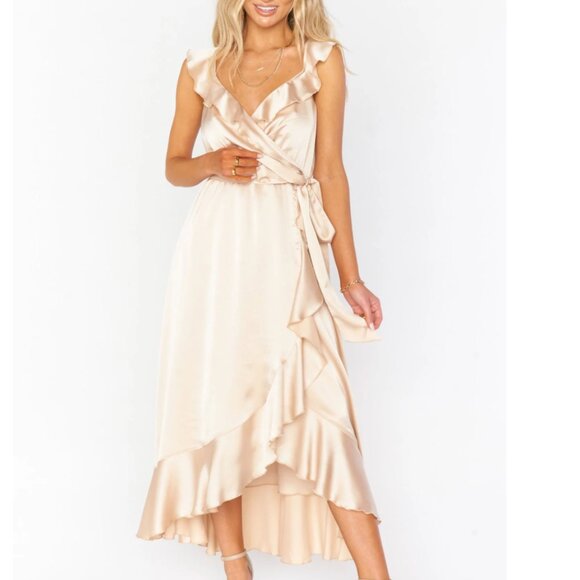 NWT Show Me Your Mumu Samantha Ruffle Champagne Luxe Satin Wrap Dress Size S - Picture 2 of 10